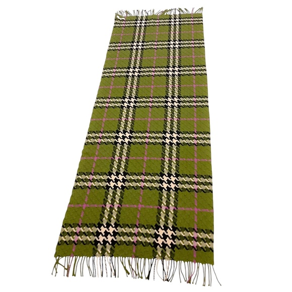BURBERRY OLIVE GREEN / MAGENTA MULTI FRINGED HOUNDSTOOTH PLAID CHECK MERINO WOOL - Picture 3 of 6